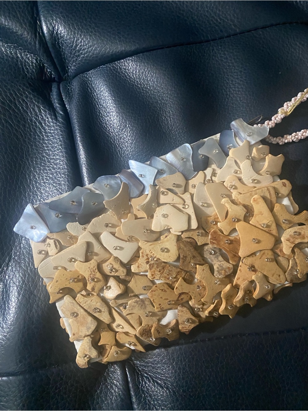 Vintage Zan of California Wood and Shell Mosaic Wristlet Clutch in Tan an Silver